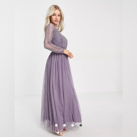 ASOS DESIGN Petite embellished bodice maxi dress with tulle skirt in lilac - Picture 5 of 8